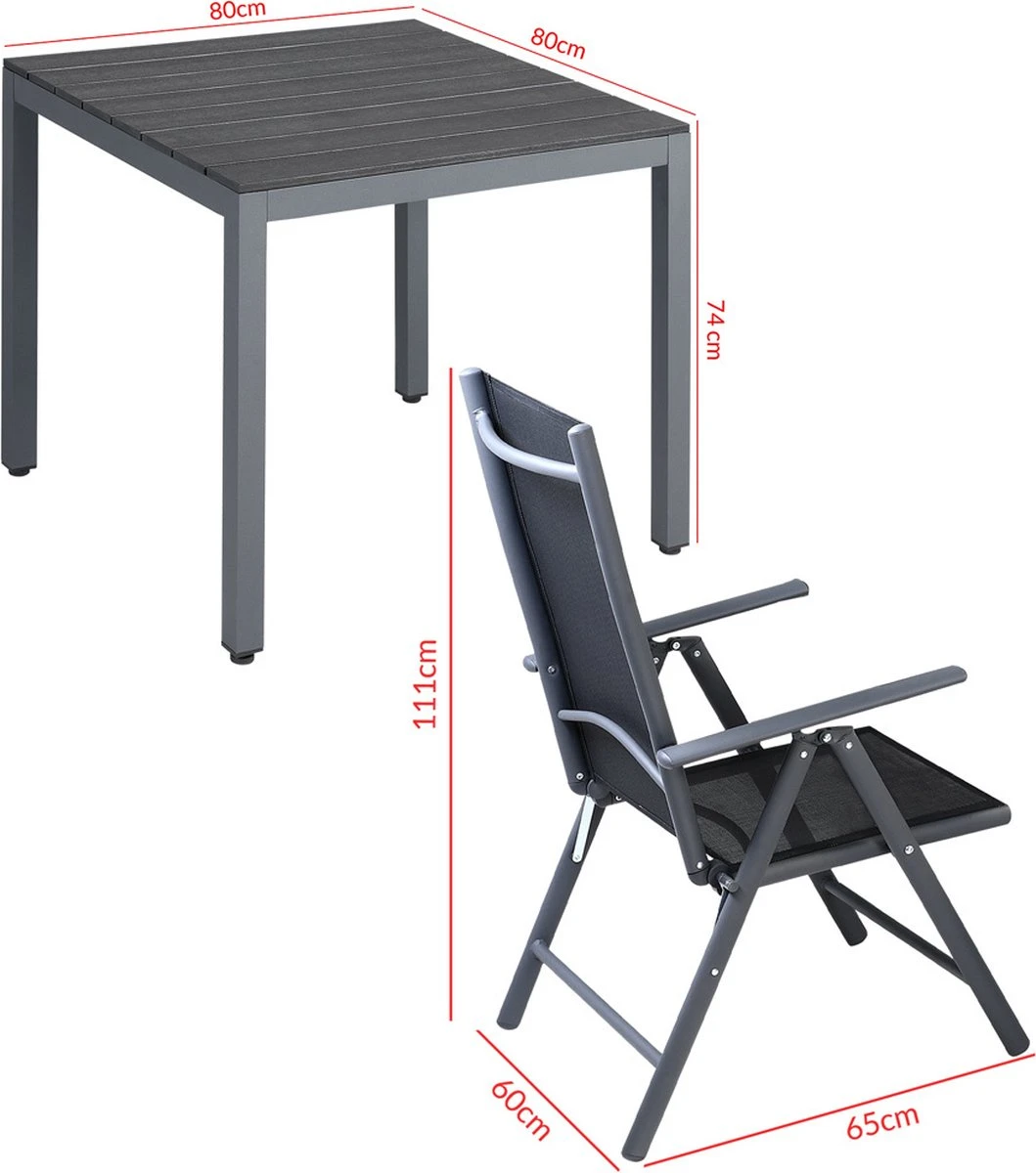 Tuinset 4 + 1 Klapstoelen Tuintafel – Aluminium 80x80cm - Grijs 11 Tuinset 4 + 1 Klapstoelen Tuintafel – Aluminium 80x80cm - Grijs - Afbeelding 11