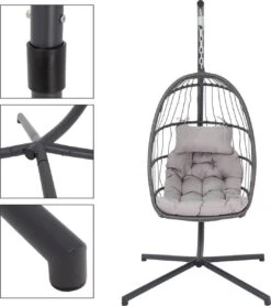 Pro Garden Lowander Hangstoel Egg 191x126x126- Schommelstoel Met Rattan Cocoon En Robuust Stalen Standaard Incl. Kussens - Volledig Inklapbaar - Lichtgrijs -Tuinmeubel Winkel 1065x1200