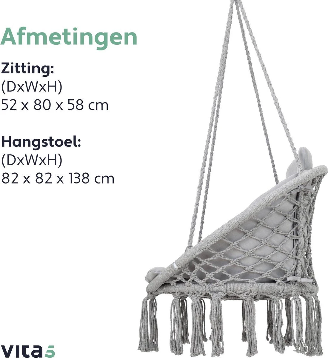 Vita5 Macramé Hangstoel - Voor Binnen En Buiten - Zonder Standaard - Incl. Kussen, Boekenvak En Beschermhoes - Tot 150kg - Grijs 7 Vita5 Macramé Hangstoel - Voor Binnen En Buiten - Zonder Standaard - Incl. Kussen, Boekenvak En Beschermhoes - Tot 150kg - Grijs - Afbeelding 7