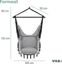 Vita5 XXL Hangstoel | Binnen&Buiten Hangnest | Incl. 2 Kussens En Boekenvak | Volwassenen&Kinderen | Hangmatstoel Tot 225kg | Grijs -Tuinmeubel Winkel 1159x1200 2