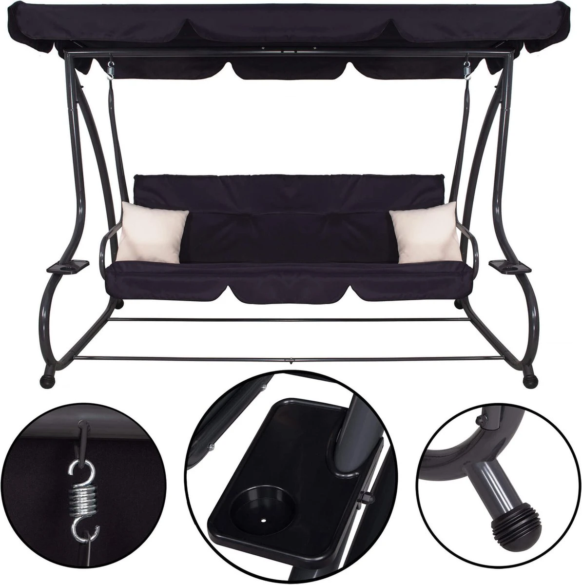 Springos Schommelbank | Linda-Schommel | 3-zits | Waterafstotend | Inclusief 2 Kussens | Verstelbare Luifel | 162 X 200 X 120 Cm | Zwart 11 Springos Schommelbank | Linda-Schommel | 3-zits | Waterafstotend | Inclusief 2 Kussens | Verstelbare Luifel | 162 X 200 X 120 Cm | Zwart - Afbeelding 11