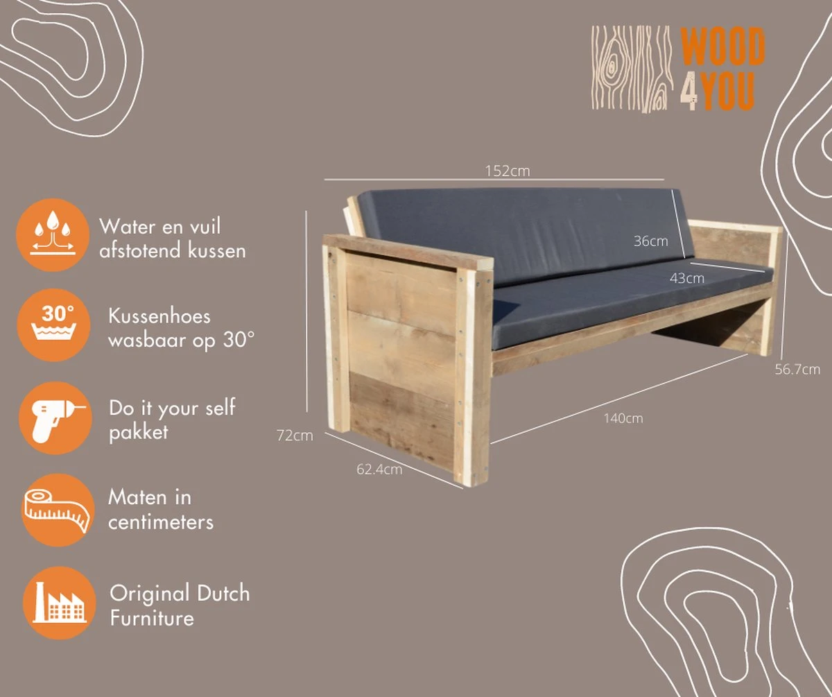 Wood4you - Tuinbank - Ameland - 'Doe Het Zelf' Bouwpakket Steigerhout 152Lx72Hx57D Cm - Incl Kussen 5 Wood4you - Tuinbank - Ameland - 'Doe Het Zelf' Bouwpakket Steigerhout 152Lx72Hx57D Cm - Incl Kussen - Afbeelding 5