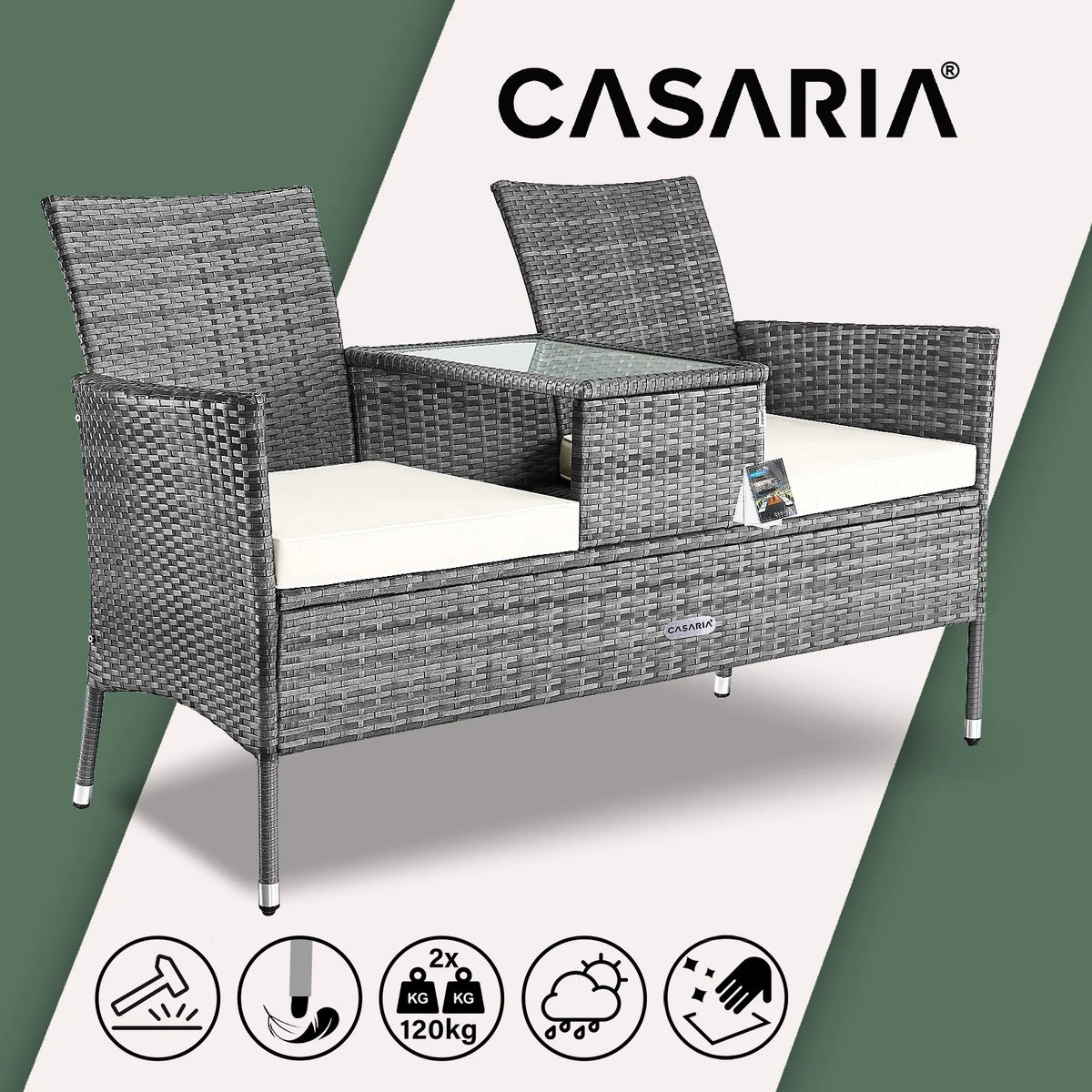 Casaria Polyrattan Tuinbank - Incl. Tafel & Kussens 7 Cm - Grijs 6 Casaria Polyrattan Tuinbank - Incl. Tafel & Kussens 7 Cm - Grijs - Afbeelding 6