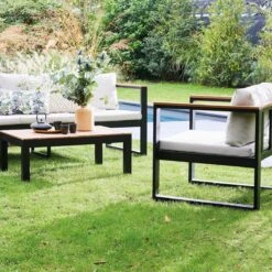 Loungeset 5 Plaatsen Van Aluminium En Eucalyptus – NAZCA – Antraciet Structuur, Lichtgrijs Kussens -Tuinmeubel Winkel 1200x1200 1147