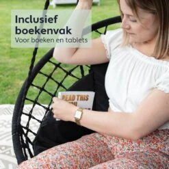 Vita5 Macramé Hangstoel - Voor Binnen En Buiten - Zonder Standaard - Incl. Kussen, Boekenvak En Beschermhoes - Tot 150kg - Zwart -Tuinmeubel Winkel 1200x1200 249