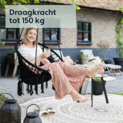 Vita5 Macramé Hangstoel - Voor Binnen En Buiten - Zonder Standaard - Incl. Kussen, Boekenvak En Beschermhoes - Tot 150kg - Zwart -Tuinmeubel Winkel 1200x1200 251