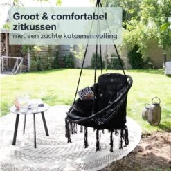 Vita5 Macramé Hangstoel - Voor Binnen En Buiten - Zonder Standaard - Incl. Kussen, Boekenvak En Beschermhoes - Tot 150kg - Zwart -Tuinmeubel Winkel 1200x1200 253