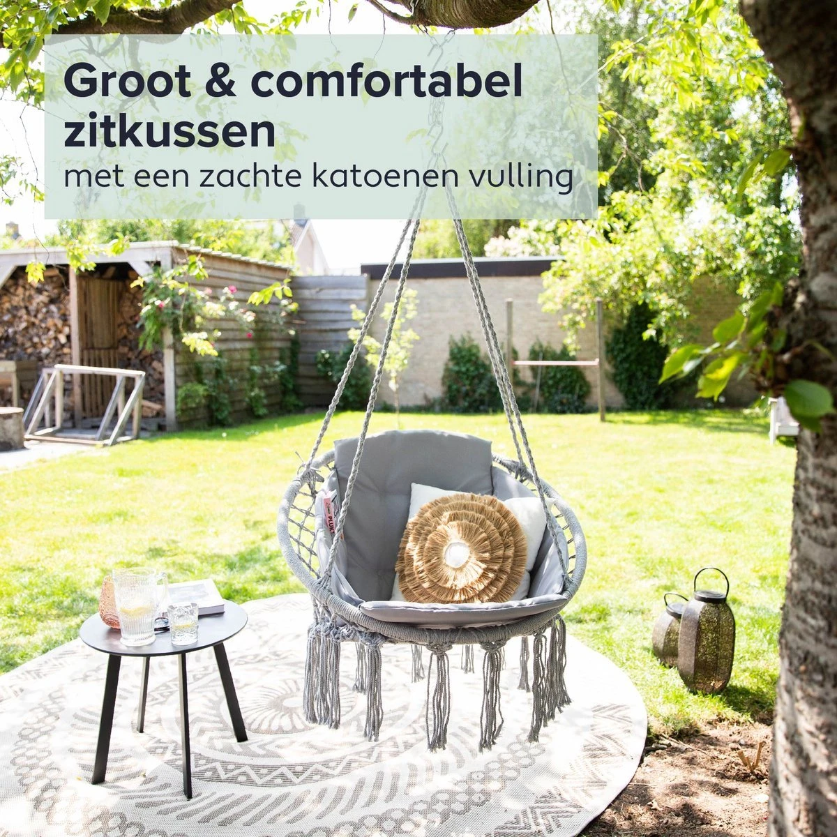 Vita5 Macramé Hangstoel - Voor Binnen En Buiten - Zonder Standaard - Incl. Kussen, Boekenvak En Beschermhoes - Tot 150kg - Grijs 6 Vita5 Macramé Hangstoel - Voor Binnen En Buiten - Zonder Standaard - Incl. Kussen, Boekenvak En Beschermhoes - Tot 150kg - Grijs - Afbeelding 6