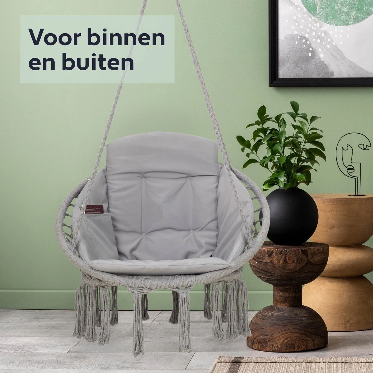 Vita5 Macramé Hangstoel - Voor Binnen En Buiten - Zonder Standaard - Incl. Kussen, Boekenvak En Beschermhoes - Tot 150kg - Grijs 10 Vita5 Macramé Hangstoel - Voor Binnen En Buiten - Zonder Standaard - Incl. Kussen, Boekenvak En Beschermhoes - Tot 150kg - Grijs - Afbeelding 10