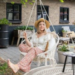Vita5 Macramé Hangstoel - Voor Binnen En Buiten - Zonder Standaard - Incl. Kussen, Boekenvak En Beschermhoes - Tot 150kg - Beige -Tuinmeubel Winkel 1200x1200 431