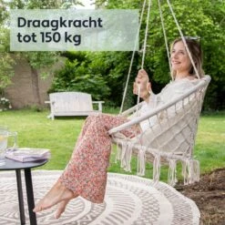 Vita5 Macramé Hangstoel - Voor Binnen En Buiten - Zonder Standaard - Incl. Kussen, Boekenvak En Beschermhoes - Tot 150kg - Beige -Tuinmeubel Winkel 1200x1200 432