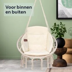 Vita5 Macramé Hangstoel - Voor Binnen En Buiten - Zonder Standaard - Incl. Kussen, Boekenvak En Beschermhoes - Tot 150kg - Beige -Tuinmeubel Winkel 1200x1200 433