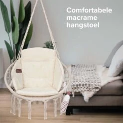 Vita5 Macramé Hangstoel - Voor Binnen En Buiten - Zonder Standaard - Incl. Kussen, Boekenvak En Beschermhoes - Tot 150kg - Beige -Tuinmeubel Winkel 1200x1200 435