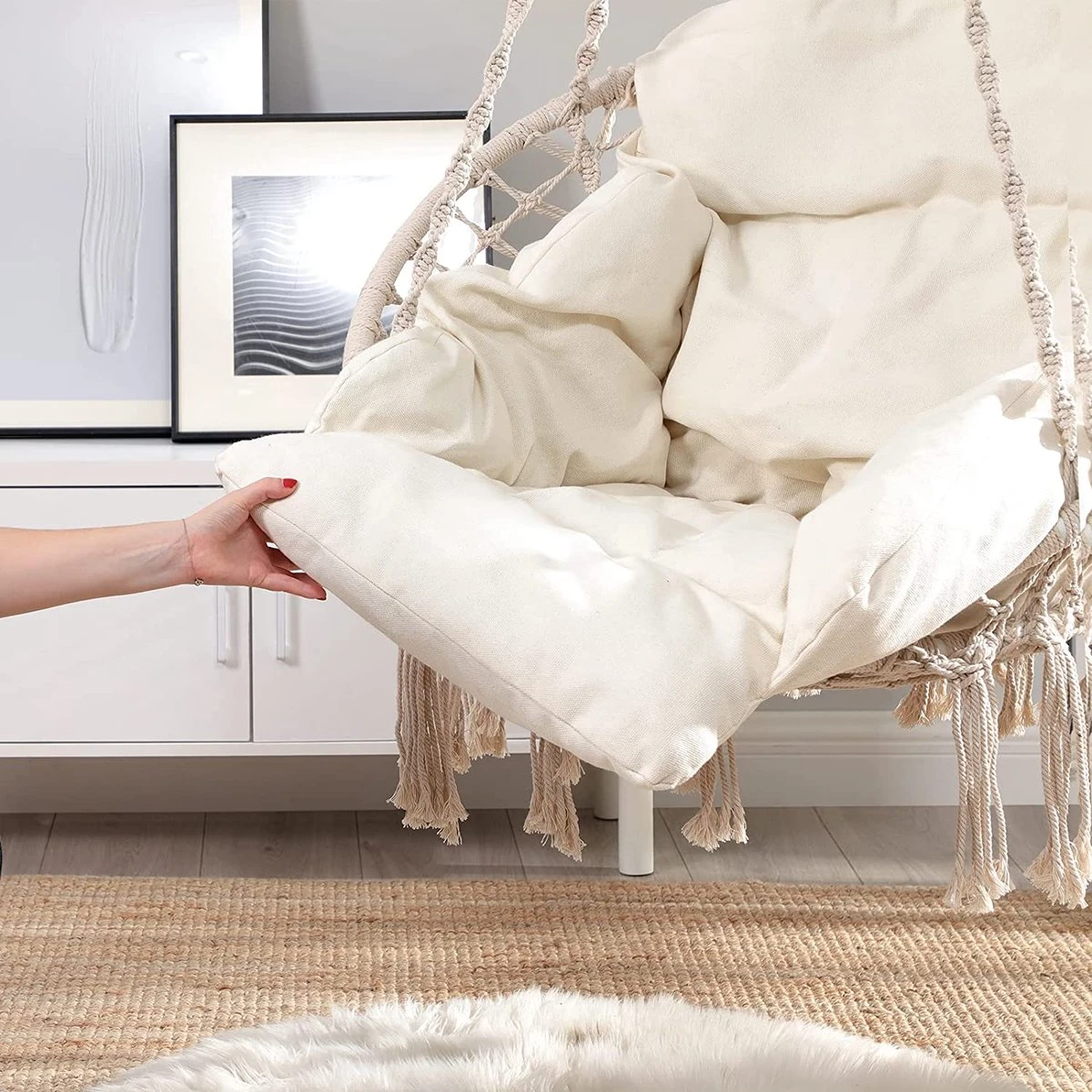 Hangstoel, Hangschommel, Hangstoel Met Een Dik Kussen, Tot 120 Kg Belastbaar, Voor Tuin, Balkon, Woonkamer, Terras, Scandinavische Stijl, Modern, Beige HMDC042M01 5 Hangstoel, Hangschommel, Hangstoel Met Een Dik Kussen, Tot 120 Kg Belastbaar, Voor Tuin, Balkon, Woonkamer, Terras, Scandinavische Stijl, Modern, Beige HMDC042M01 - Afbeelding 5