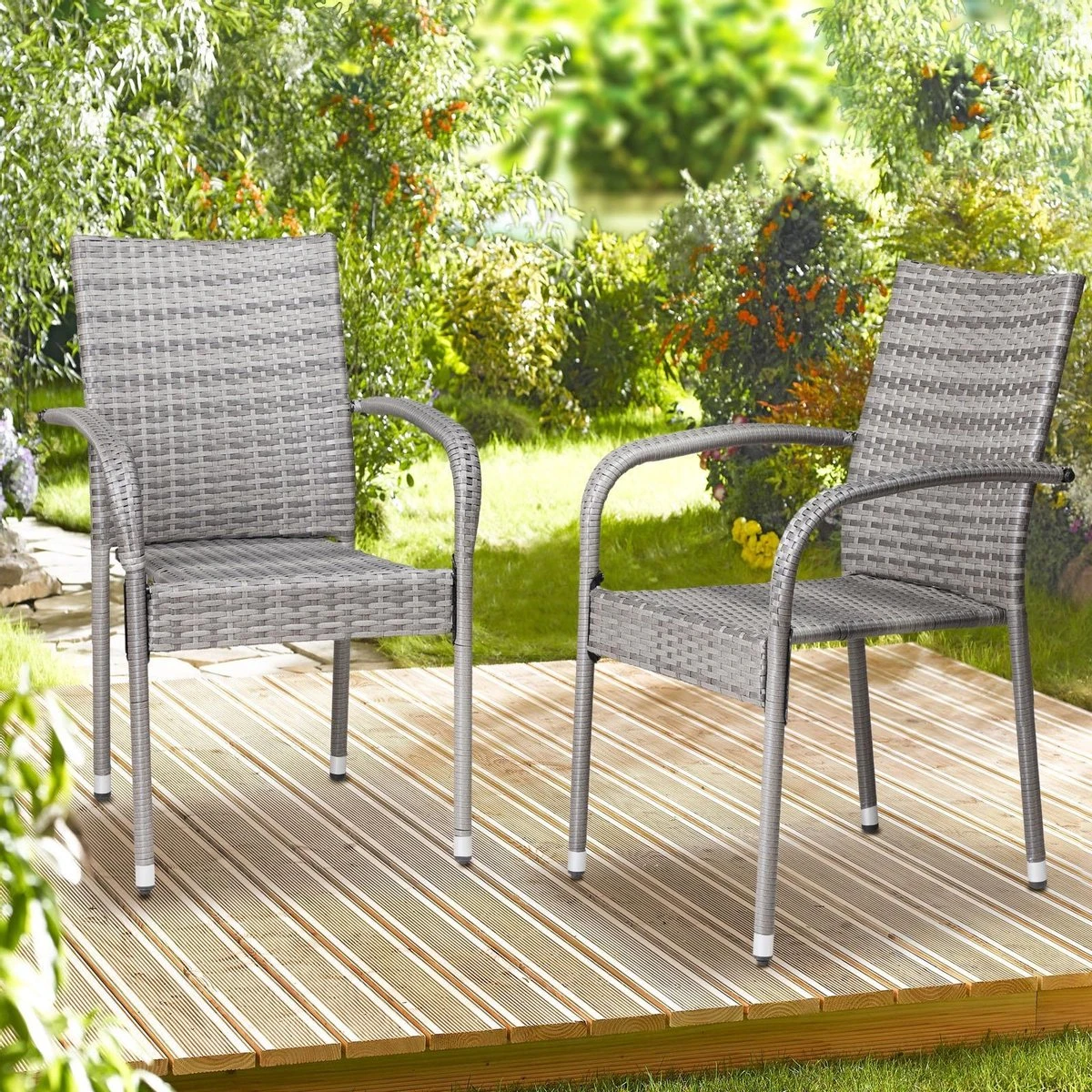 Casaria Polyrattan Tuinstoelen – 4 Stuks Stapelbaar – Grijs 4 Casaria Polyrattan Tuinstoelen – 4 Stuks Stapelbaar – Grijs - Afbeelding 4