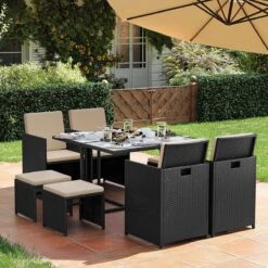 Tuinmeubelset - Tuinset 4 6 8 Persoons - Eettafel En Stoelen - Set Van 9 - Terras - Tuintafel - Salontafel Met Glazen Oppervlak - Zwart Beige -Tuinmeubel Winkel 1200x1200 960