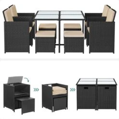 Tuinmeubelset - Tuinset 4 6 8 Persoons - Eettafel En Stoelen - Set Van 9 - Terras - Tuintafel - Salontafel Met Glazen Oppervlak - Zwart Beige -Tuinmeubel Winkel 1200x1200 964