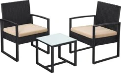 Hoppa! Tuinmeubelset. Set Van 3. Gemaakt Van Polyrattan. Voor Buiten. Terras. Balkon. Tuin. Eenvoudige Montage. Bijzettafel En 2 Stoelen. Zwart-beige