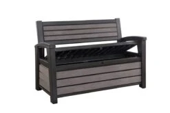 Keter - Hudson Bench Box - 2-zits Bank - Opbergbox - Hout Look & Feel - 227L - 138x63x89cm - Antraciet -Tuinmeubel Winkel 1200x800 50
