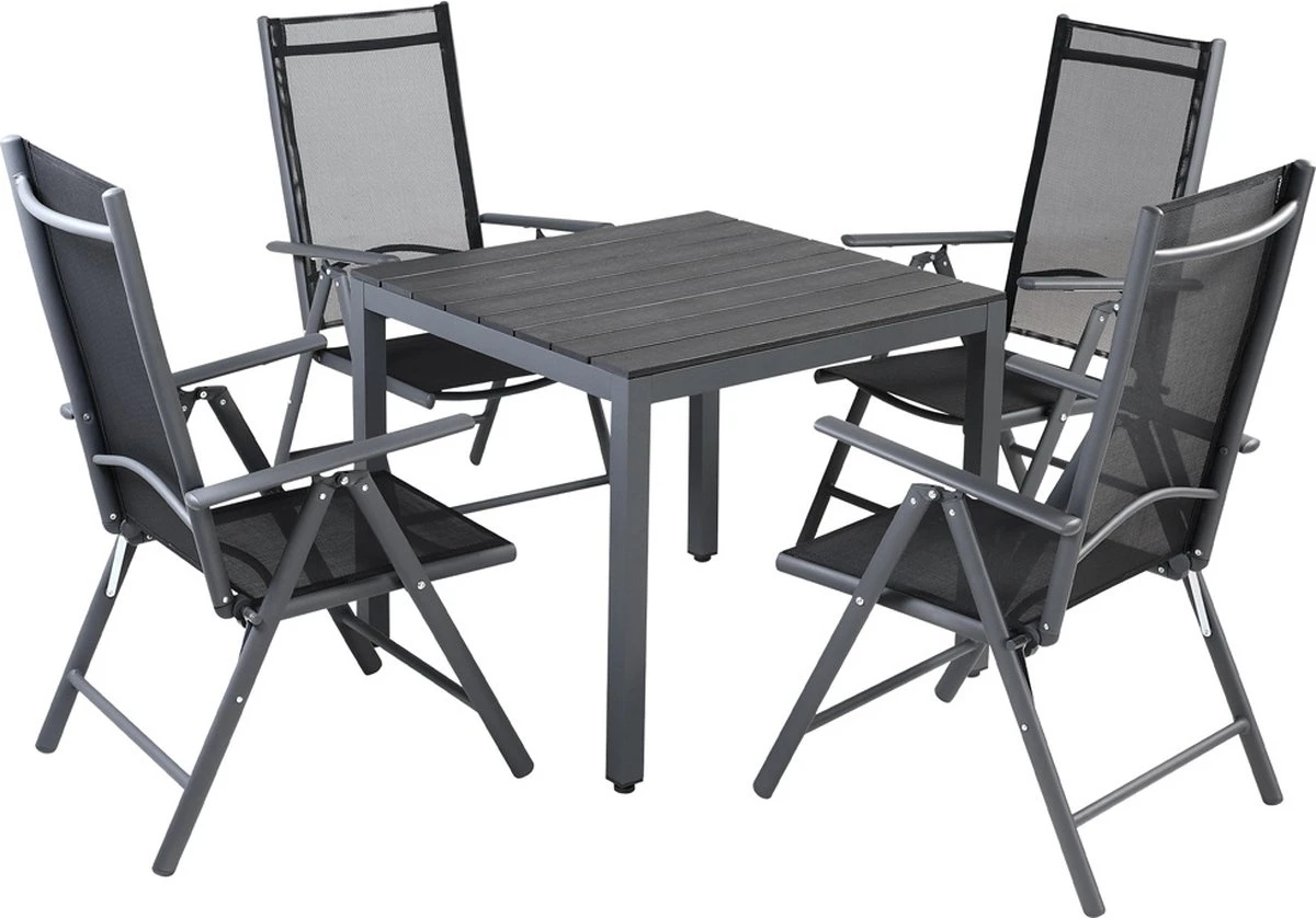 Tuinset 4 + 1 Klapstoelen Tuintafel – Aluminium 80x80cm - Grijs 2 Tuinset 4 + 1 Klapstoelen Tuintafel – Aluminium 80x80cm - Grijs - Afbeelding 2