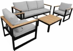 Loungeset 5 Plaatsen Van Aluminium En Eucalyptus – NAZCA – Antraciet Structuur, Lichtgrijs Kussens -Tuinmeubel Winkel 1200x850 3