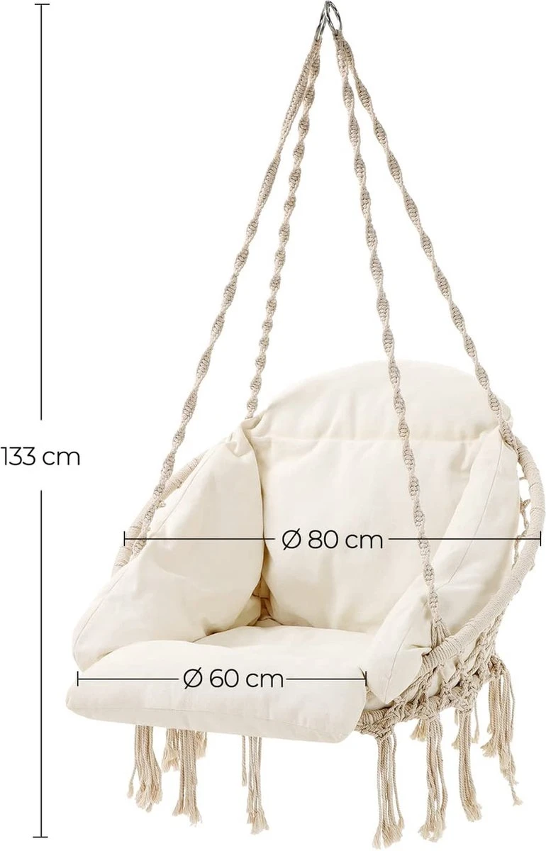 Hangstoel, Hangschommel, Hangstoel Met Een Dik Kussen, Tot 120 Kg Belastbaar, Voor Tuin, Balkon, Woonkamer, Terras, Scandinavische Stijl, Modern, Beige HMDC042M01 6 Hangstoel, Hangschommel, Hangstoel Met Een Dik Kussen, Tot 120 Kg Belastbaar, Voor Tuin, Balkon, Woonkamer, Terras, Scandinavische Stijl, Modern, Beige HMDC042M01 - Afbeelding 6